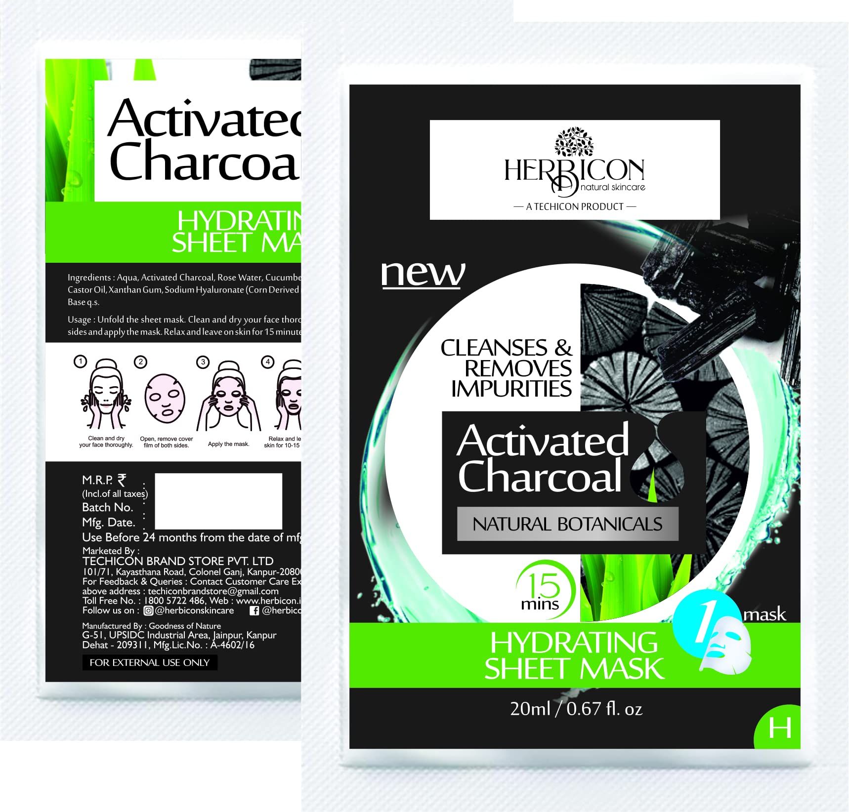 Herbicon Activated Charcoal Face Sheet Mask - Detoxifying & Hydrating Skincare Treatment (20g x 3 Pack) | Deep Cleansing for Acne, Blackheads & Oily Skin | Perfect for Spa Night & Self-Care Routine