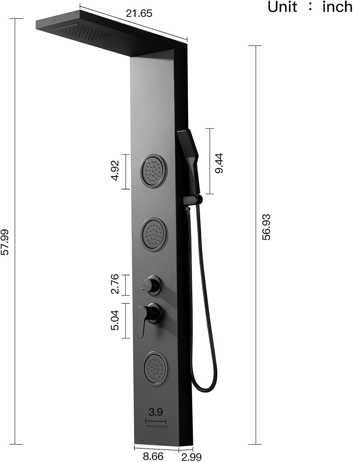 Stainless Steel Multi-Function Shower Panel Tower System with Rainfall Shower Head, 3 Body Jets, Handheld Shower Wand & Tub Spout - Luxury Bathroom Upgrade for Spa-Like Experience