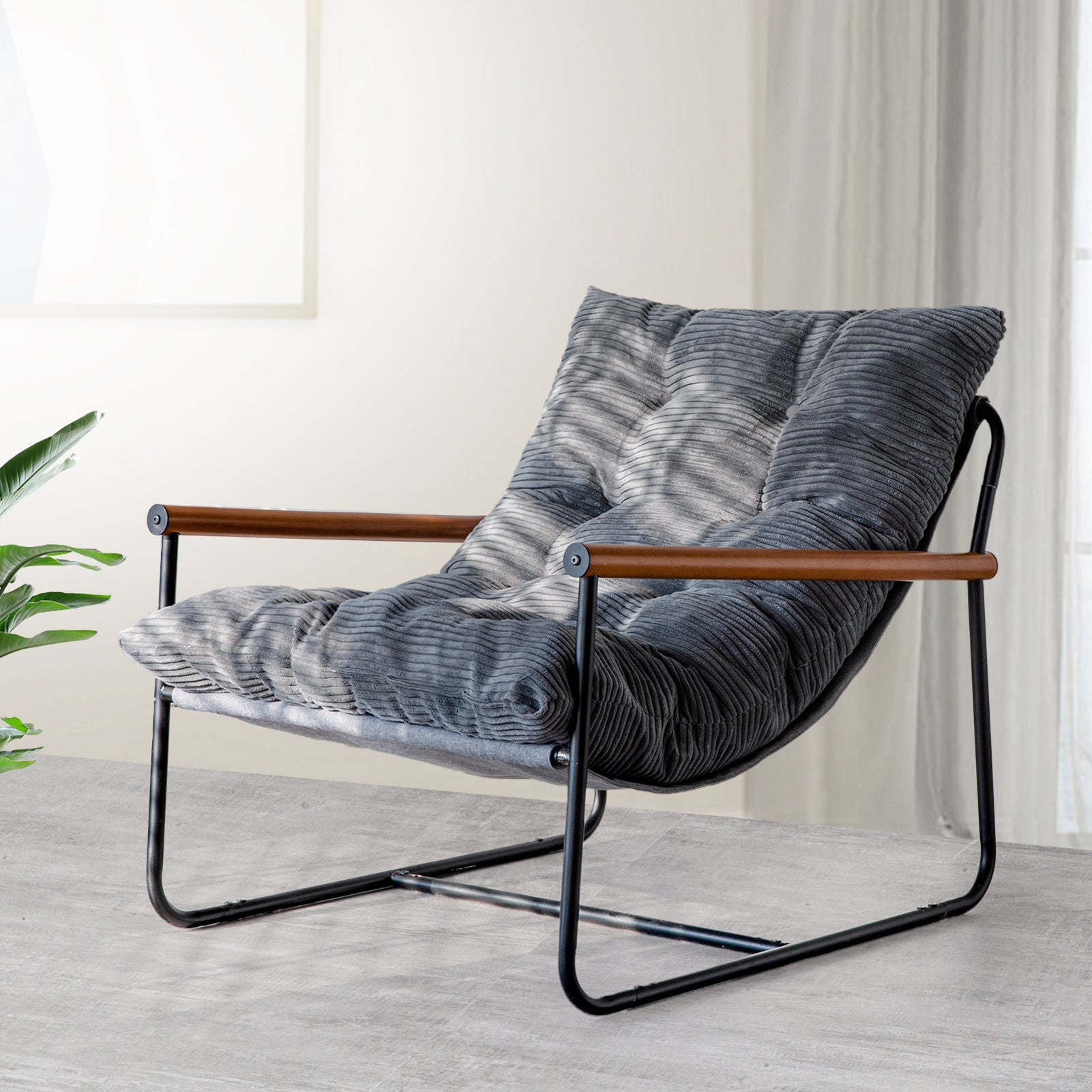 MAXYOYO Modern Accent Chair - Corduroy Upholstered Armchair with Soft Cushion in Dark Grey | Comfortable Lounge Chair for Living Room, Bedroom & Office