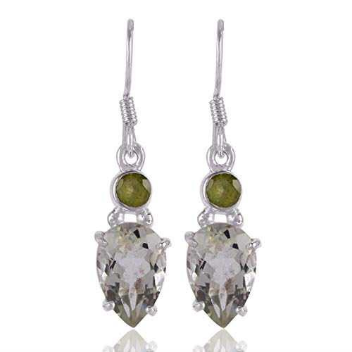 925 Sterling Silver Dangle Earrings for Women - Natural Green Amethyst & Peridot Gemstone Prong Set Hypoallergenic Trendy Jewelry | Halloween Gift, Party Wear, Wedding Accessories, Everyday Elegance