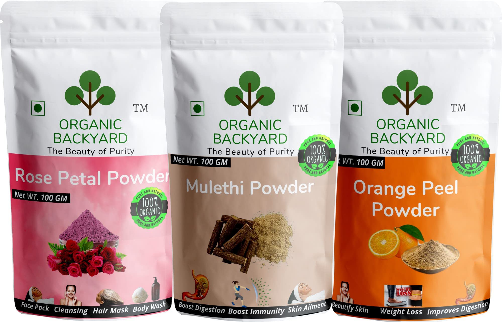 Organic Mulethi Rose Petal & Orange Peel Powder Combo - 100% Natural Face Care (100g Each) for Glowing Skin, Acne Treatment & DIY Beauty Masks