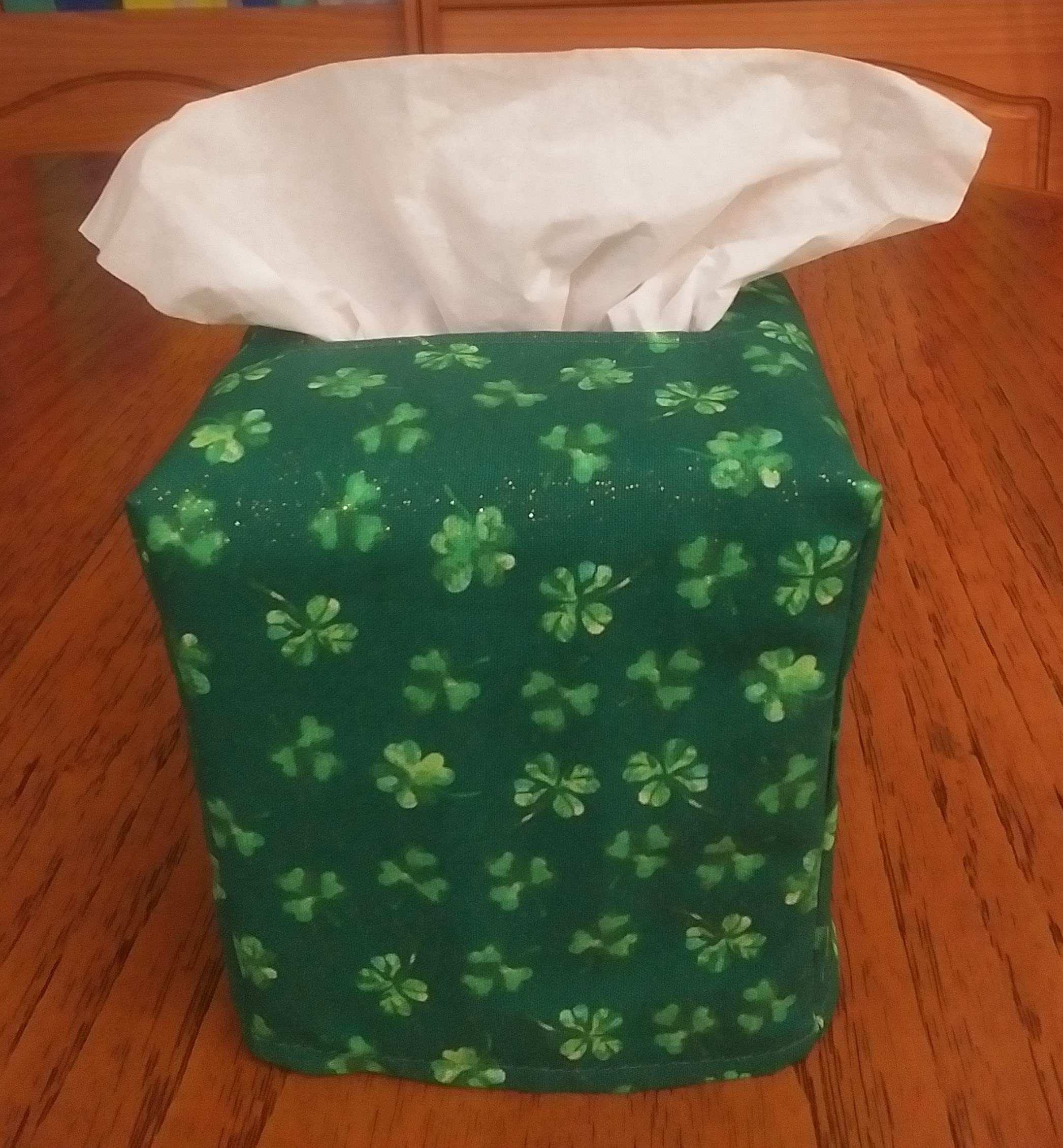 Square Tissue Box Cover with Mini Shamrocks & Glittering Green Fabric - 4 Leaf Clover Design for Home Decor, Living Room, Bathroom & Office Accessories