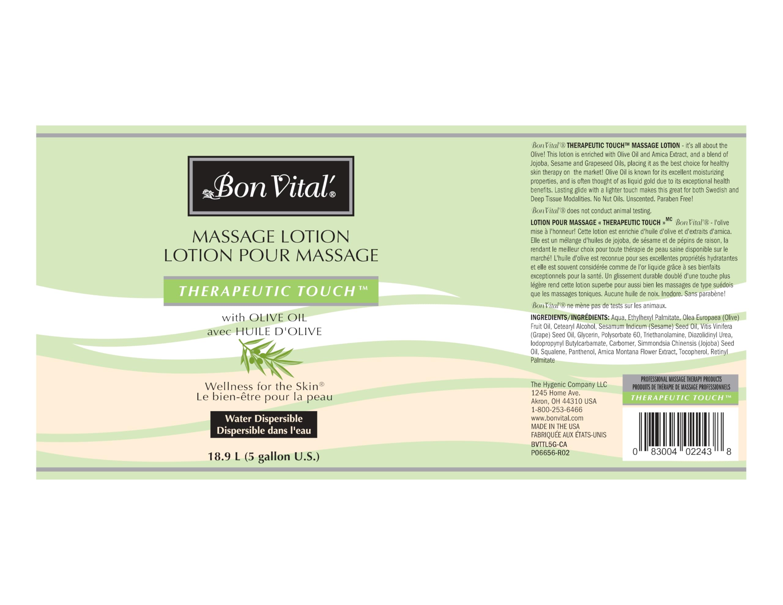 Bon Vital' Therapeutic Massage Lotion with Olive Oil - Repairs Dry Skin, Soothes Sore Muscles & Moisturizes for Smooth Soft Skin - 5 Gallon Bulk Size (Label May Vary) - Perfect for Professional Massage Therapists, Spa Treatments & Home Relaxation