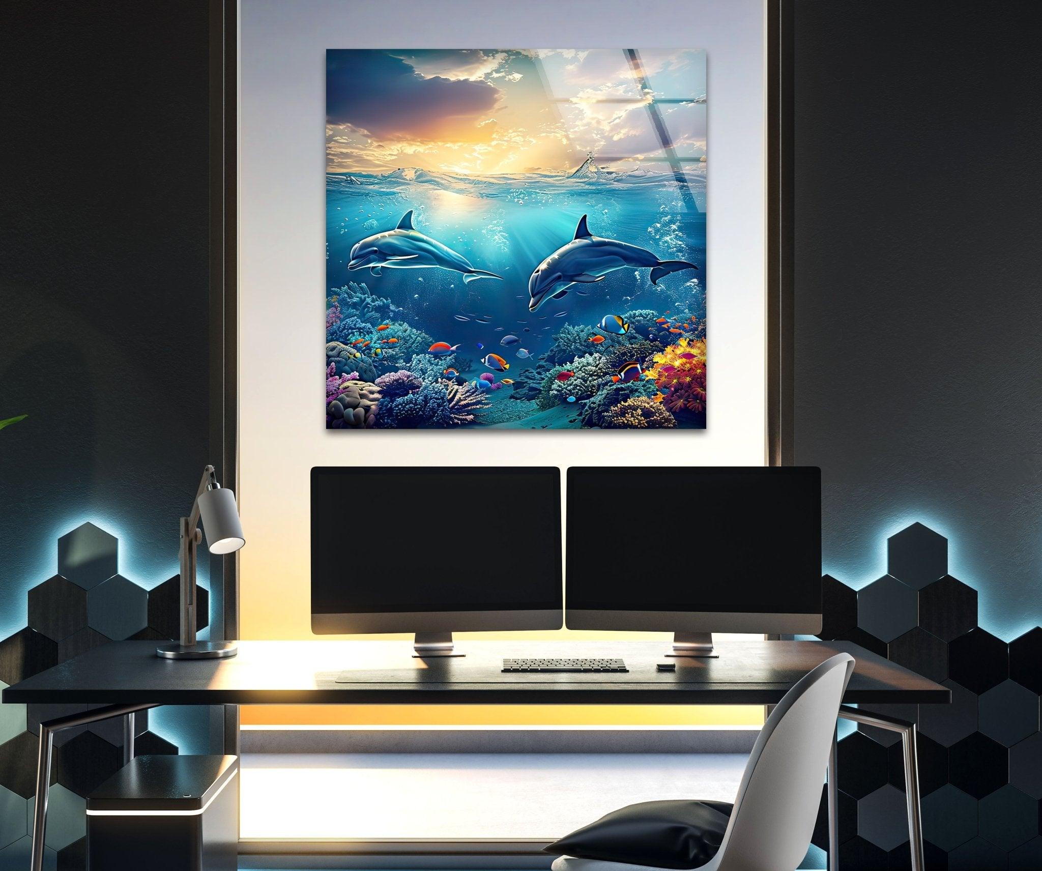Stunning Dark Blue Dolphins Glass Wall Art - Handmade Ocean Themed Decor for Living Room, Bedroom & Office