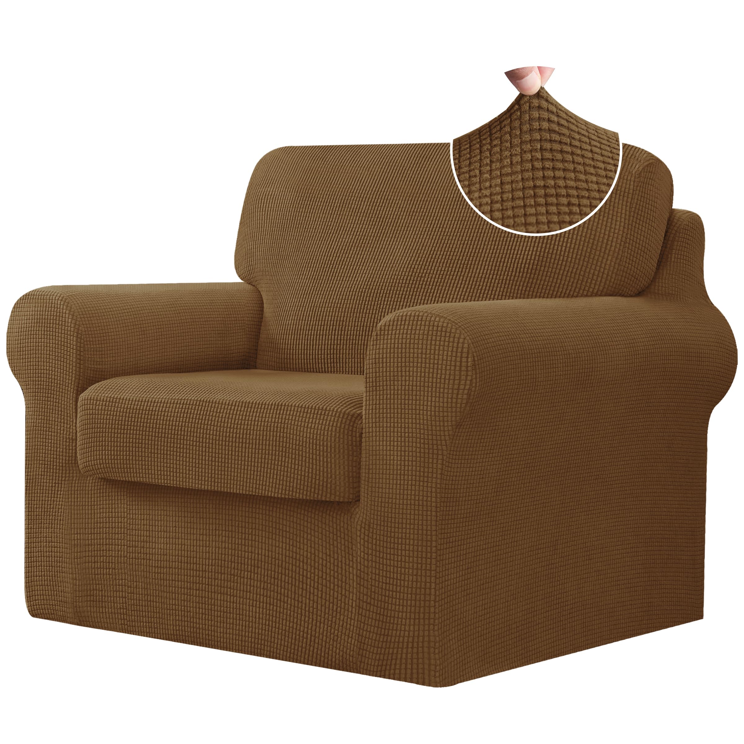 Stretch Armchair Cover 3-Piece Set - Elastic Sofa Slipcover for 1 Seater with Separate Backrest & Cushion | Jacquard Spandex Fabric (Small, Coffee Brown) | Perfect for Living Room, Office, or Dorm Furniture Protection