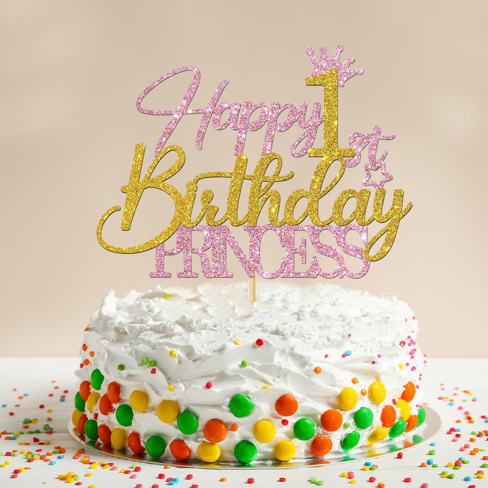 Happy 1st Birthday Cake Topper for Girls - Pink & Gold Glitter Princess Cake Decorations - Baby Girl One Year Old Party Supplies - Perfect for Birthday Cakes, Cupcakes & Dessert Tables