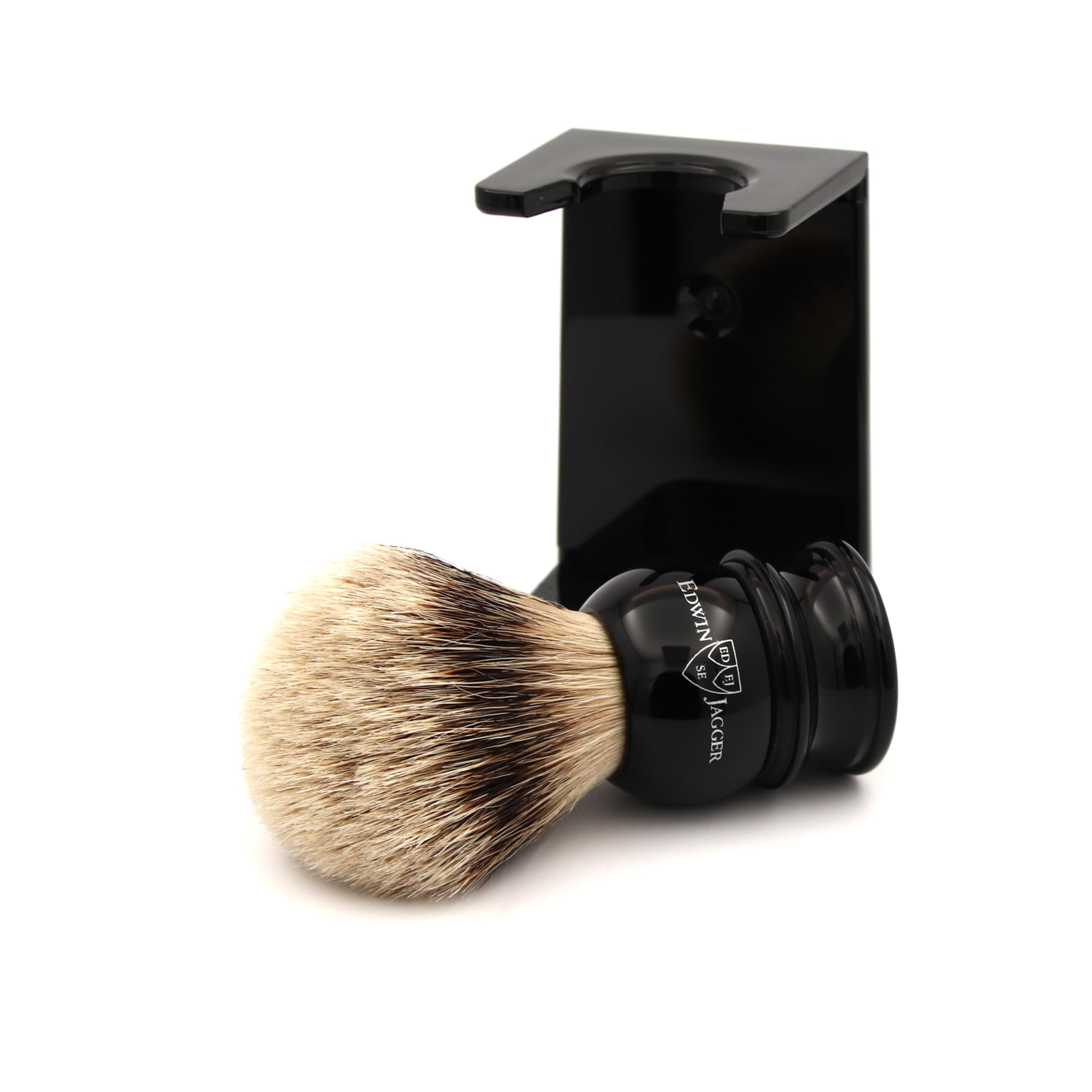 Edwin Jagger 1EJ466SDS Medium Silver Tip Badger Shaving Brush with Stand - Imitation Ebony Handle for Men - Perfect for Shaving Cream & Soap - Luxury Wet Shaving & Grooming Essential