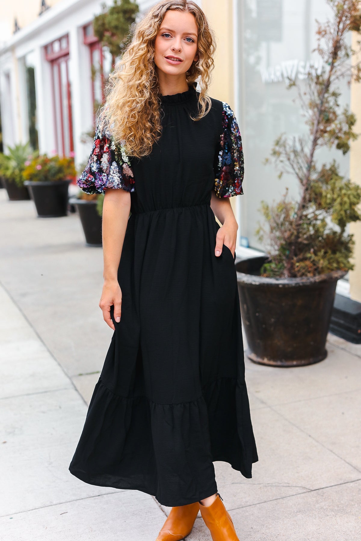 Elegant Black Floral Sequin Puff Sleeve Mock Neck Tiered Maxi Dress for Women - Perfect for Evening Parties, Weddings & Special Occasions
