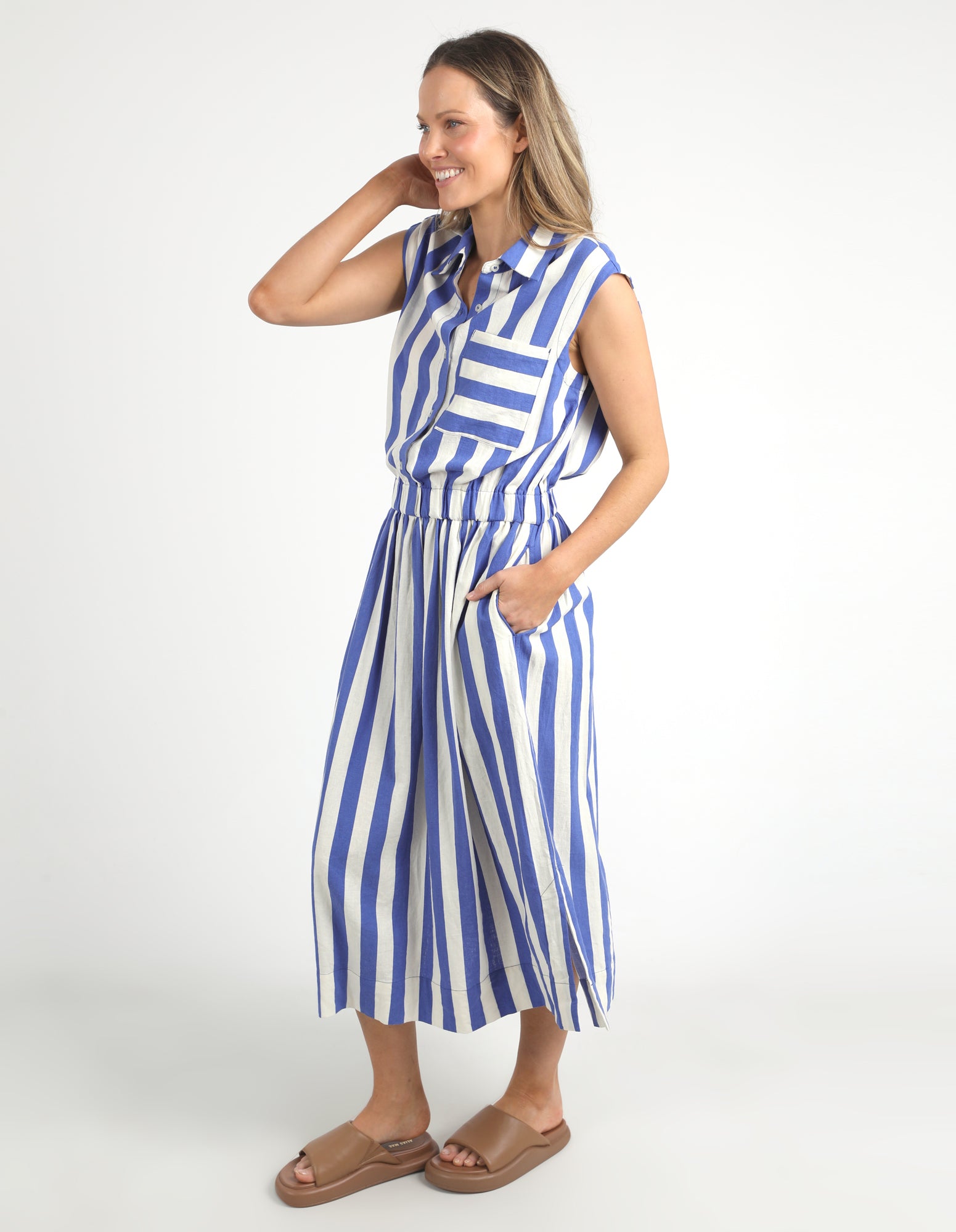 Elm Palermo Stripe Dress for Women - Royal Blue & Marshmallow Stripes | Flowy Summer Dress for Beach, Vacation & Casual Wear