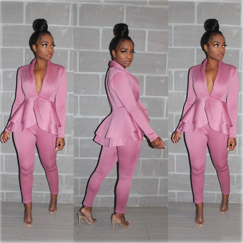 Stylish Solid Color V-Neck Two-Piece Set for Women | Casual & Work Outfits | Perfect for Office, Date Night & Travel