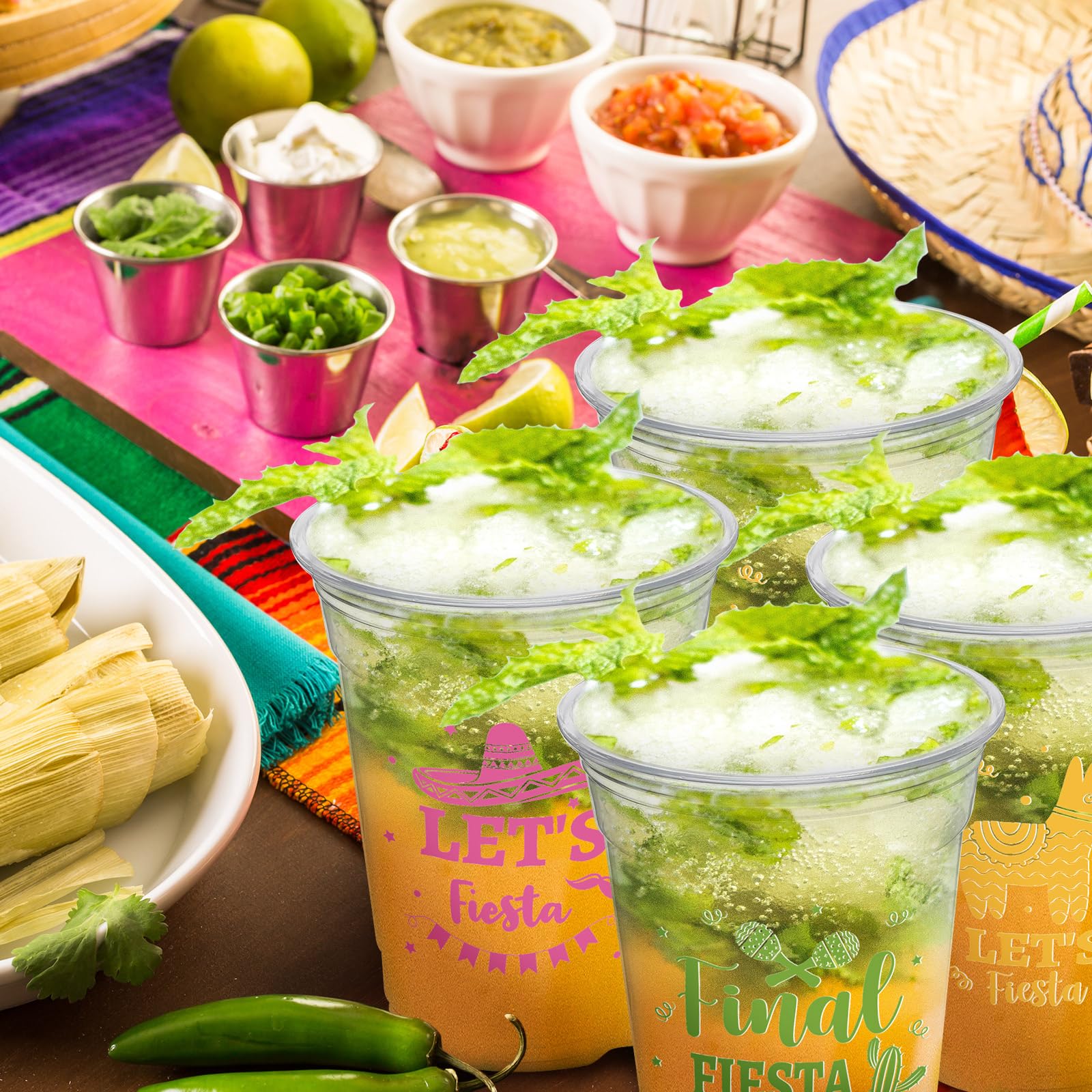 150 Pcs 12 oz Clear Plastic Disposable Fiesta Cups - Mexican Theme Party Supplies for Cinco de Mayo, Taco Tuesday & Summer Celebrations - 3 Stylish Designs (Bulk Pack)