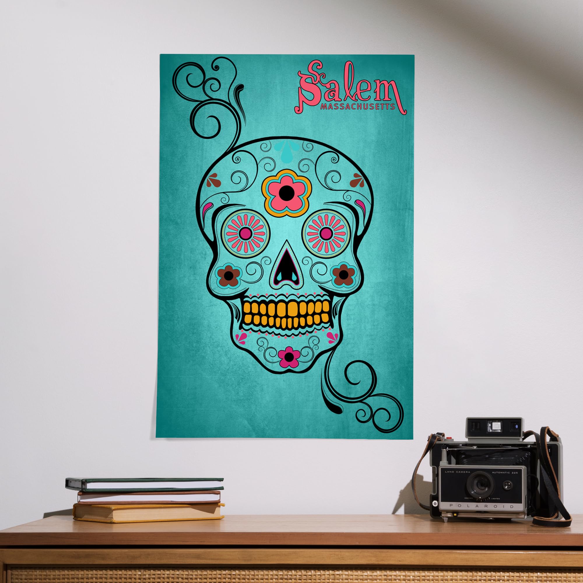Lantern Press 16x24 Inch Giclee Art Print - Salem Massachusetts Sugar Skull Wall Decor with Aqua Blue Background | Perfect for Halloween, Dia de Los Muertos, Gothic Home Decor & Office Art