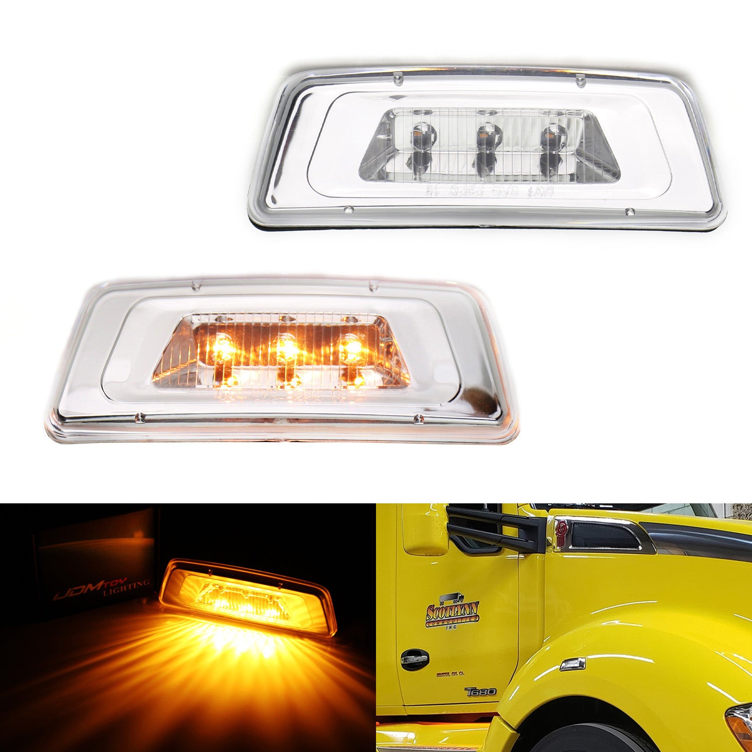 Chrome Amber LED Wheel Fender Side Marker Lights for Kenworth T680 - Clear Lens, Durable & Bright - Perfect for Truck Upgrades & Nighttime Safety