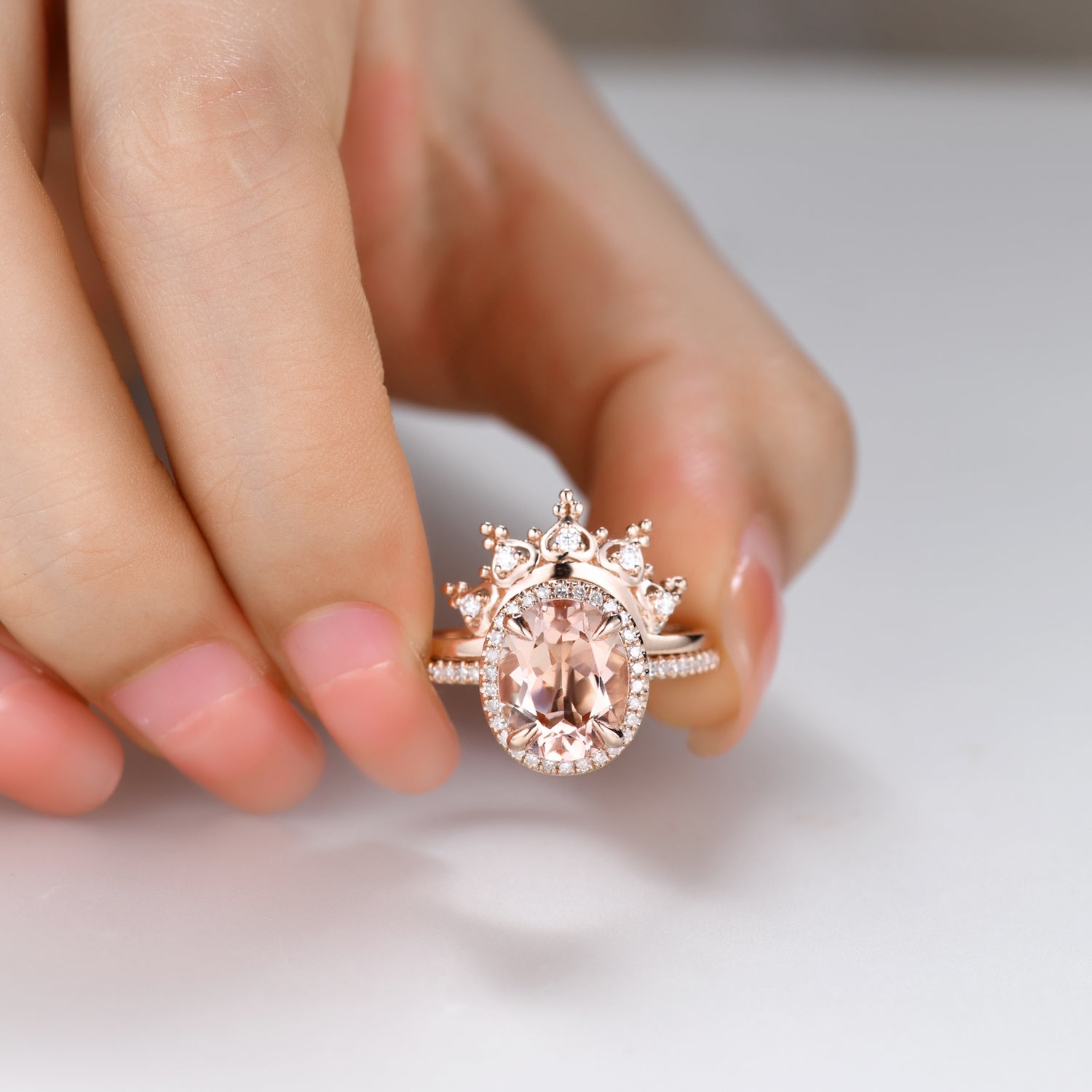 2pc Unique Oval Morganite and Diamond Bridal Ring Set - Heart Crown Petite Thin Wedding Band for Engagement, Promise & Anniversary - Perfect for Bridal Jewelry, Romantic Gifts & Special Occasions