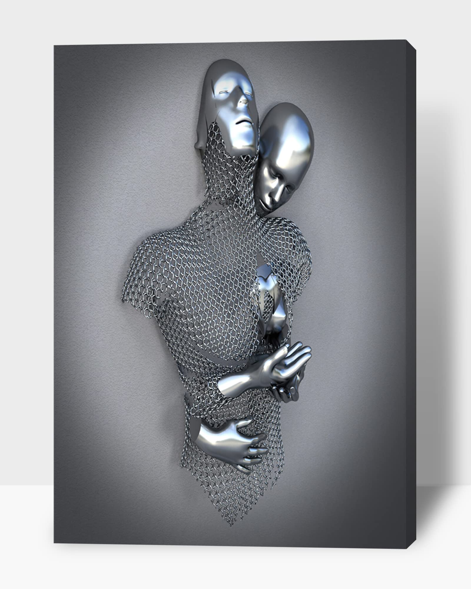 3D Metal Effect Love Heart Gray Canvas Wall Art - Romantic Hugging Couple Painting for Bedroom & Living Room - Valentine's Day Gift for Couples (32x48 Inches) - Perfect for Home Decor, Wedding Anniversary & Romantic Surprise Gifts