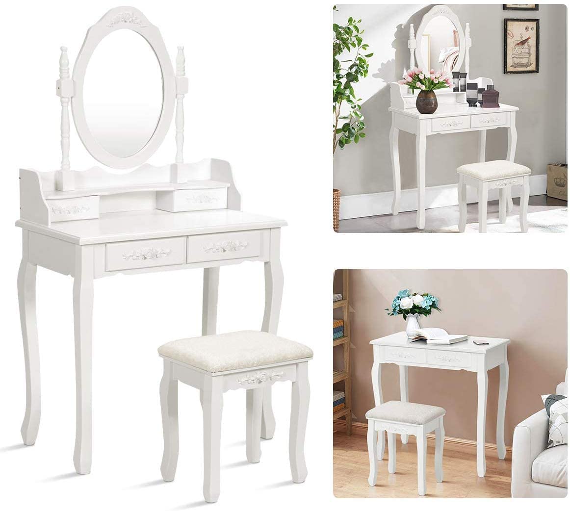 Alohappy Vanity Set with Mirror & Stool - 4 Drawer Wood Dressing Table for Bedroom Makeup