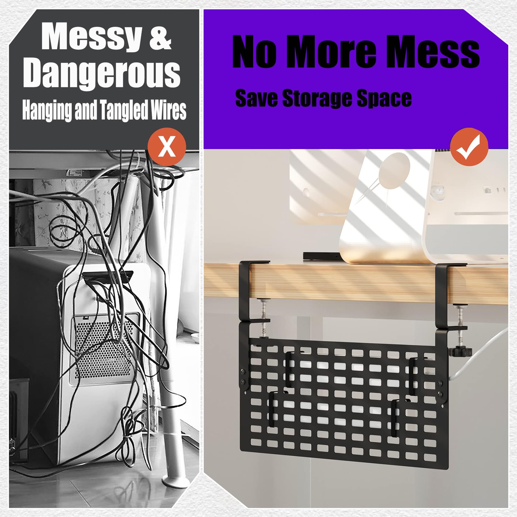 Under Desk Cable Management Organizer - No Drill Metal Cable Clips with Clamp for Power Strips & Wires | Perfect for Home Office, Gaming Setup & Workspace Organization