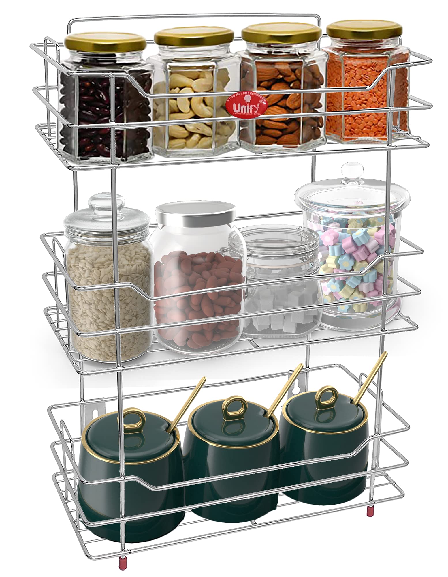 3-Tier Stainless Steel Kitchen Storage Rack - Multipurpose Organizer for Spices, Oil Bottles & Toiletries - Space-Saving Shelf for Kitchen & Bathroom - Silver, 46 x 15 x 55.5 cm - Perfect for Small Spaces & Clutter-Free Organization
