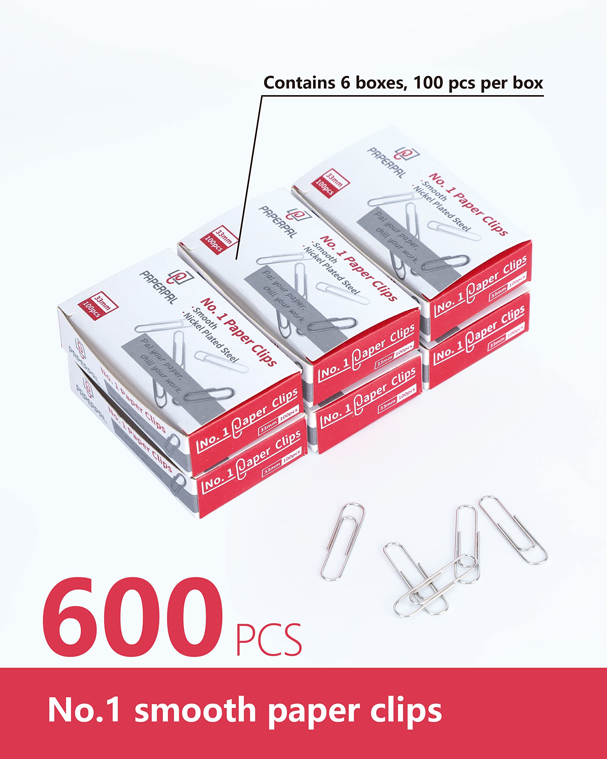 PAPERPAL #1 Smooth Paper Clips, 600 Medium Silver Paper Clips (6 Boxes of 100 Each) - No.1 Standard Size 1-2/7