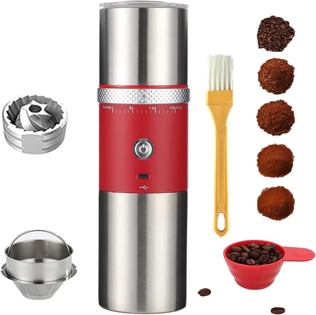 Premium Portable Electric Conical Burr Coffee Grinder - USB Rechargeable Stainless Steel Spice & Bean Grinder with 15 Adjustable Settings (Red) - Perfect for Home, Office & Travel Coffee Brewing