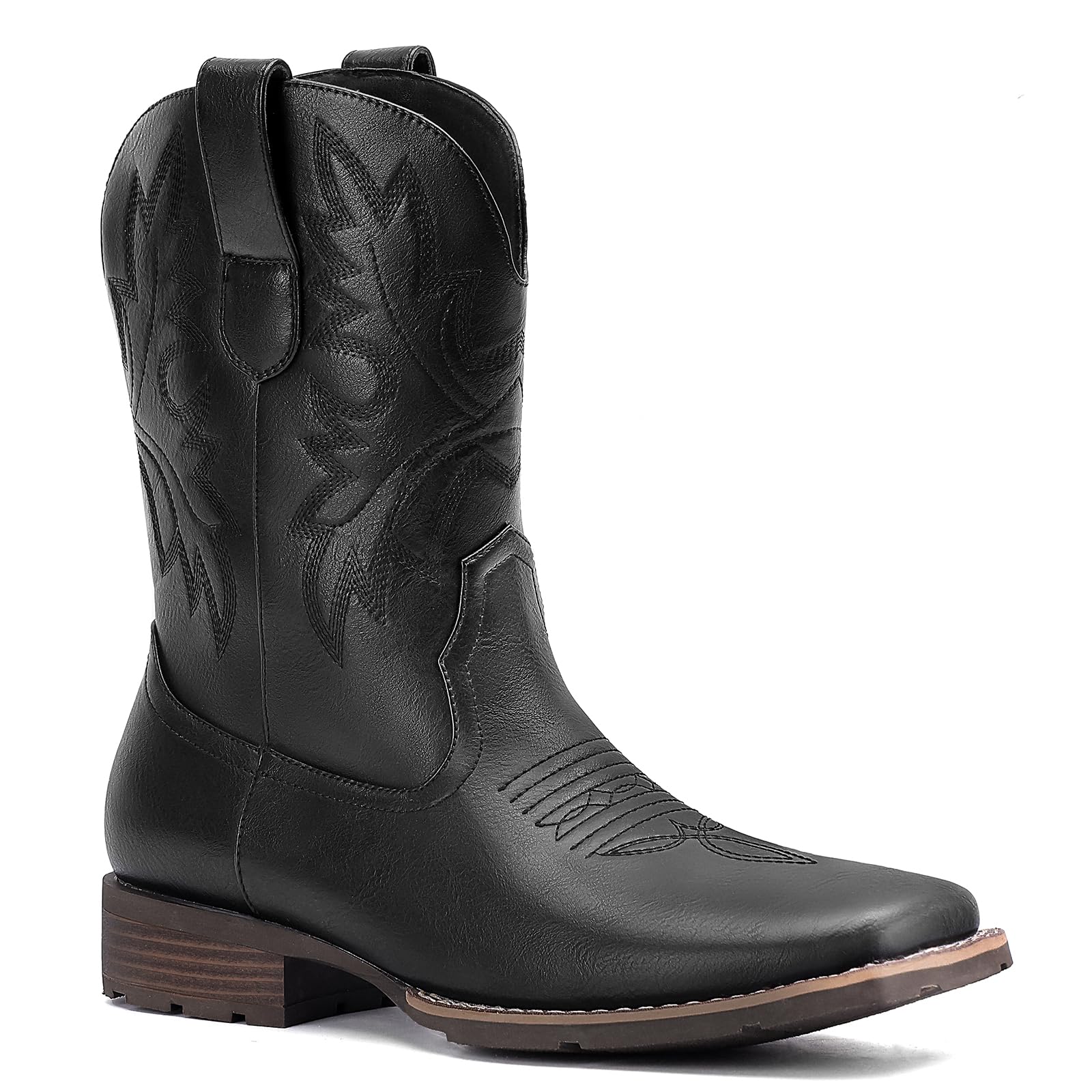 Lumeheel Men's Western Cowboy Boots - Classic Embroidered Square Toe Slip-On Boots with Slip-Resistant Sole & Chunky Heel | Durable Ankle Boots for Spring & Fall | Perfect for Country Dancing, Rodeos & Casual Wear