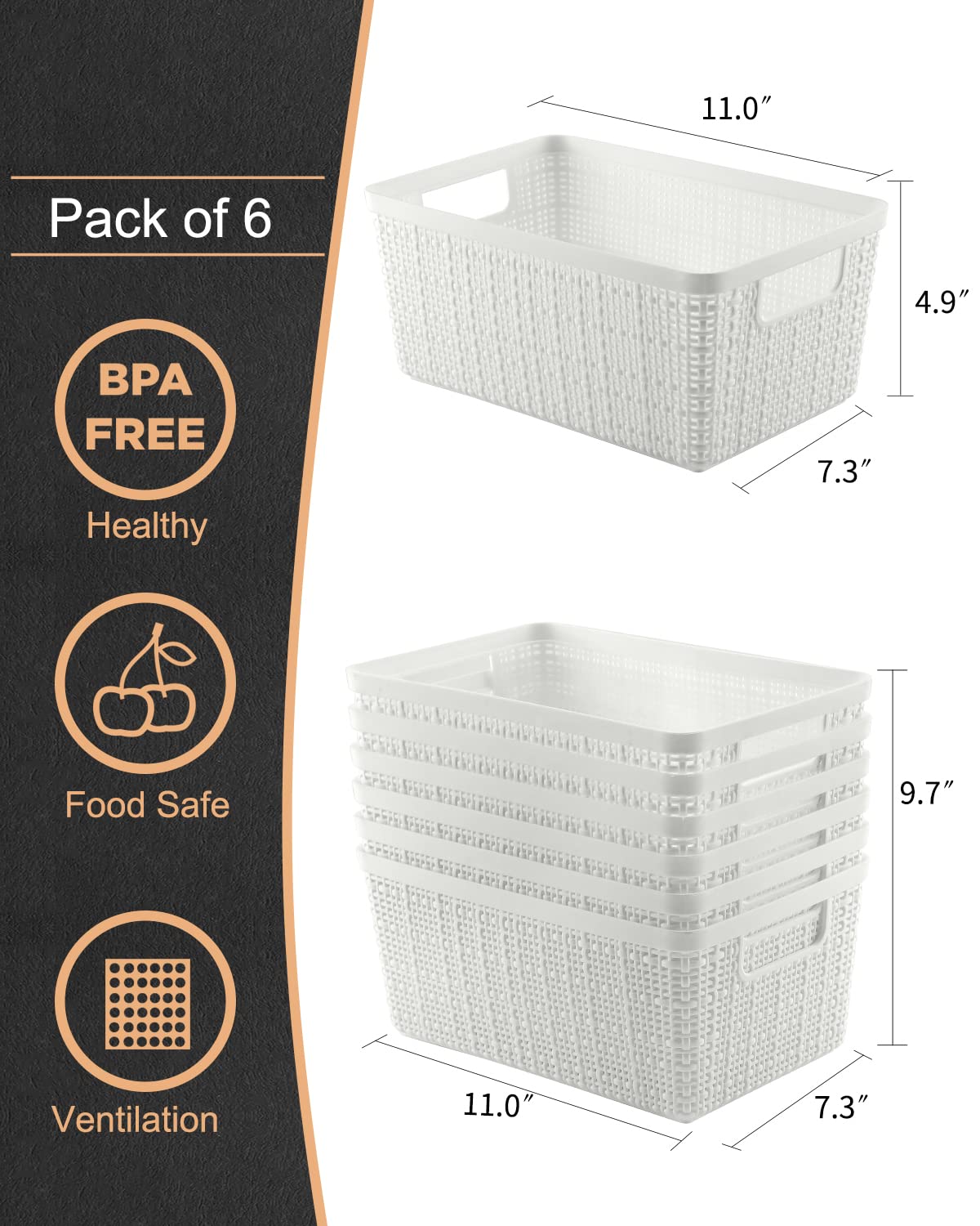 6-Pack Plastic Storage Bins - Woven Organizer Baskets for Pantry, Office & Playroom