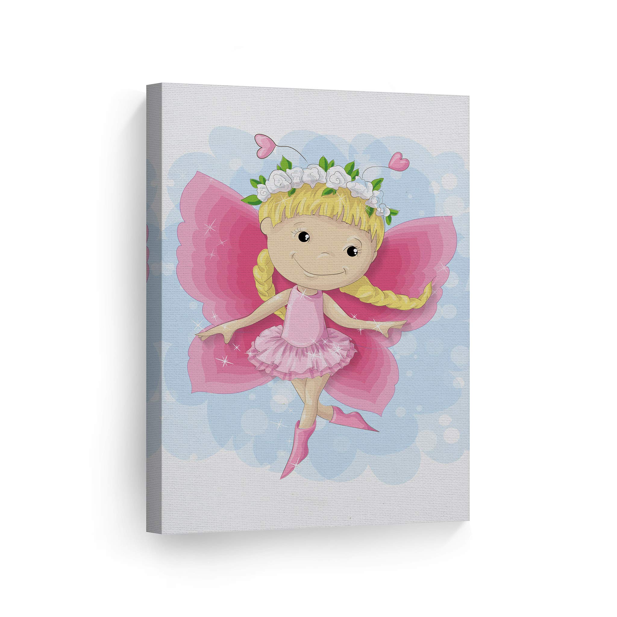 Cute Blonde Pink Dressed Fairy Girl Canvas Print - Smile Art Design - 40x30 Inches - Nursery Wall Art, Kids Room Decor, Baby Room Decoration - Ready to Hang, Made in USA - Perfect for Bedrooms, Playrooms & Gift Ideas