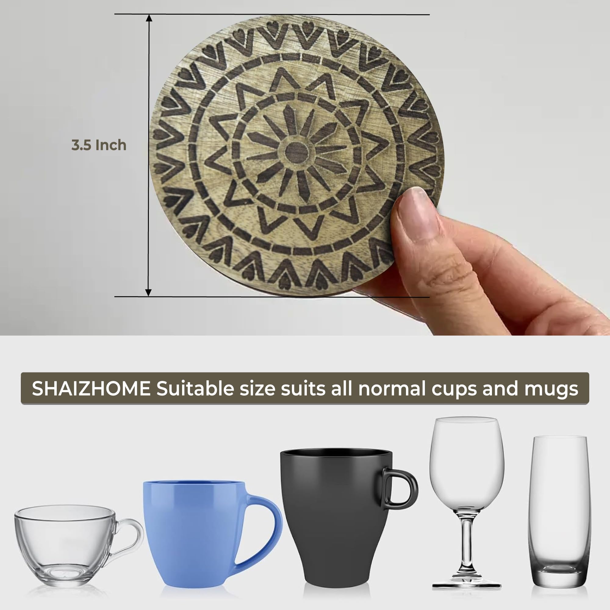 SHAIZHOME Set of 6 Natural Wooden Drink Coasters - 3.5 Inch Round Absorbent Coasters for Tea, Coffee & Wine - Rustic Home Decor for Dining Table, Kitchen & Office - Perfect Gift for Tea Lovers