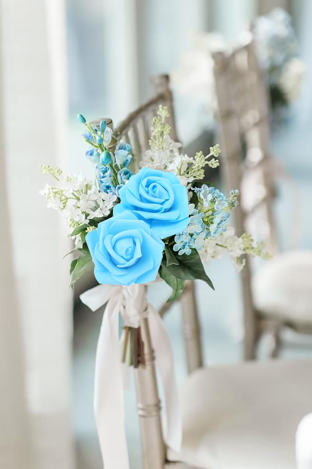 100 Pcs Artificial Foam Rose Flowers - Light Blue Fake Roses for DIY Wedding Bouquets, Bridal Shower Centerpieces, Wall Decor, Kissing Balls & Party Table Arrangements - Bulk Pack for Home & Event Decorations