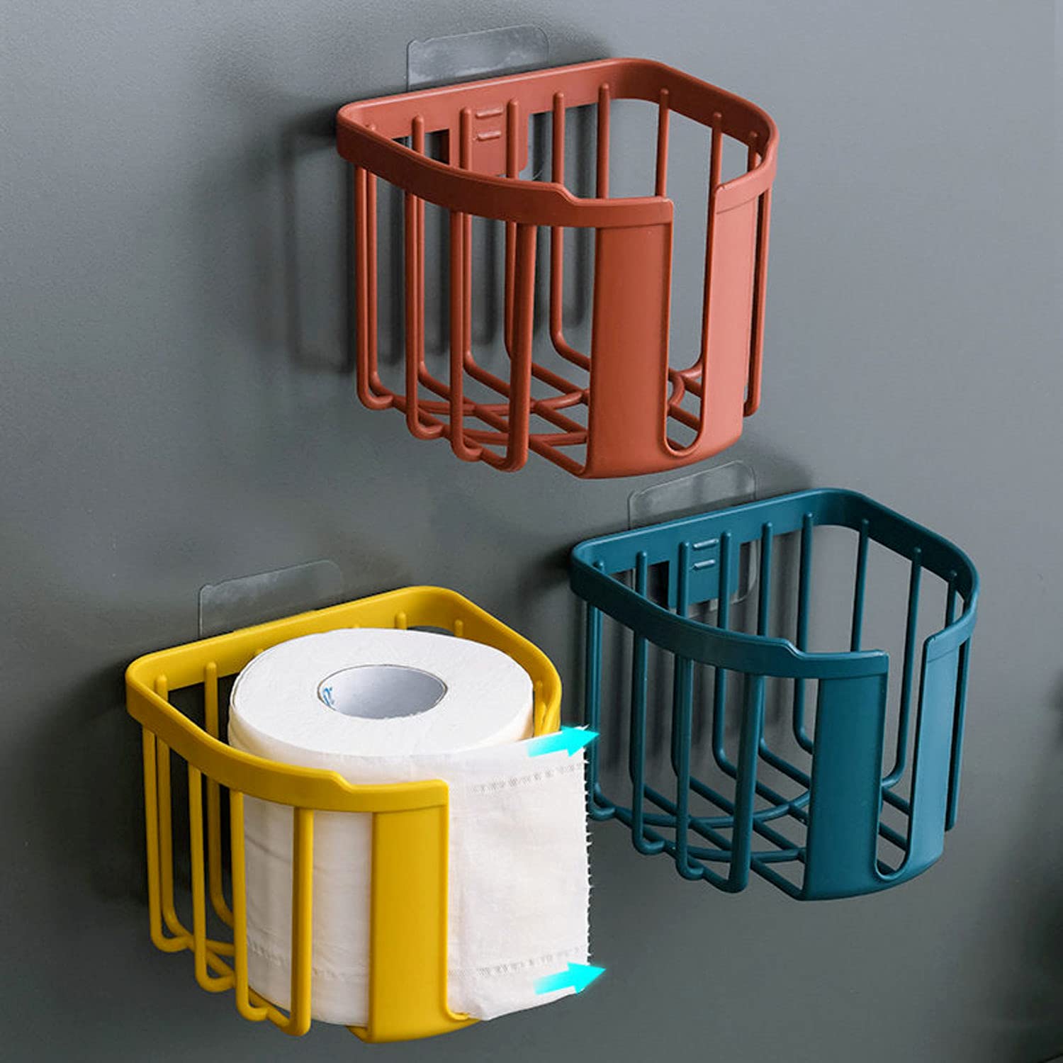 Wall Mounted Toilet Paper Holder - No Punching Bathroom Tissue Box Shelf, 3PCS Blue Toilet Roll Organizer for Modern Home & RV Bathroom Storage Solution