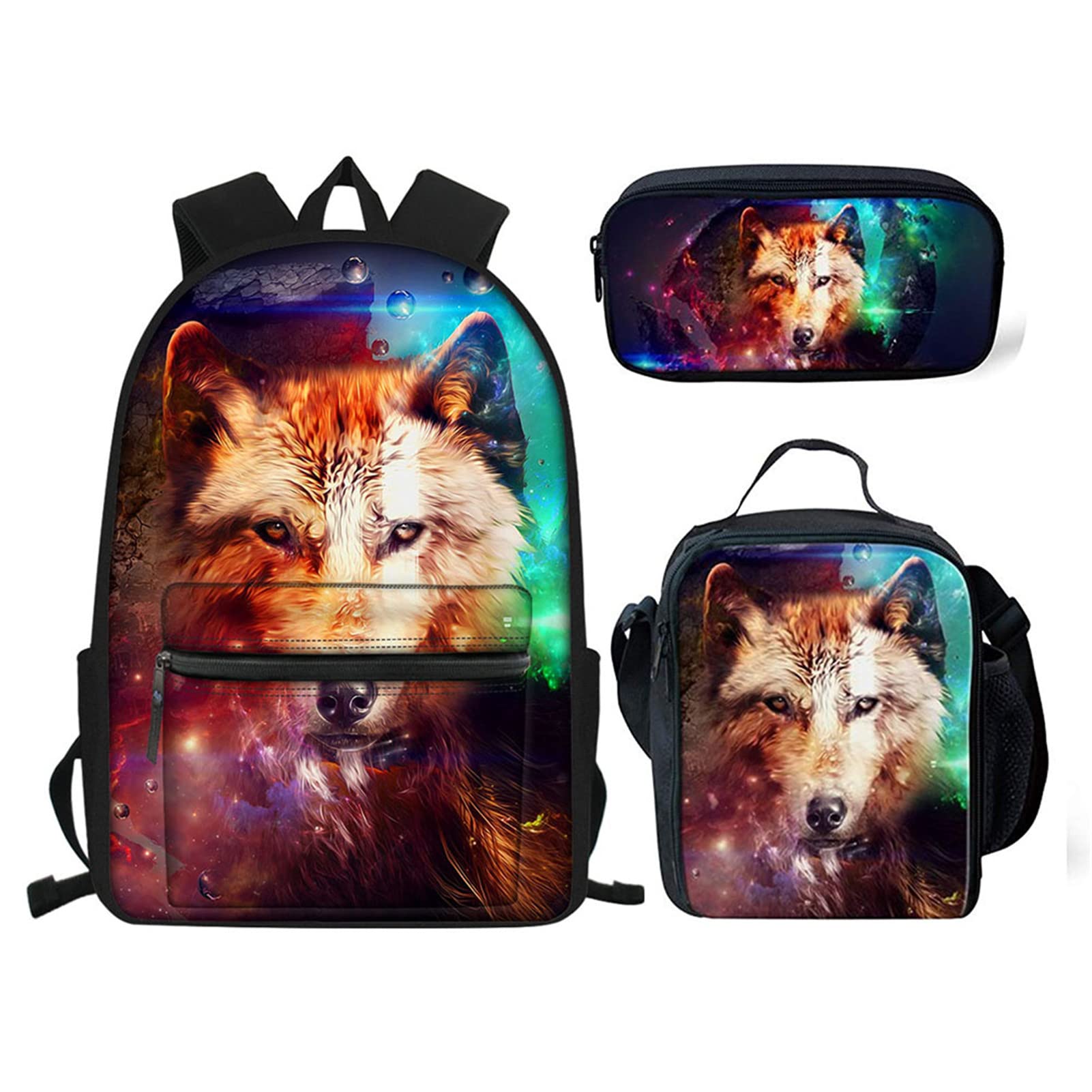 Pensura Wolf Print Backpack Set for Kids & Girls - 3-Piece School Backpack with Laptop Compartment, Insulated Lunch Bag & Pencil Case - Perfect for School, Travel & Daily Use