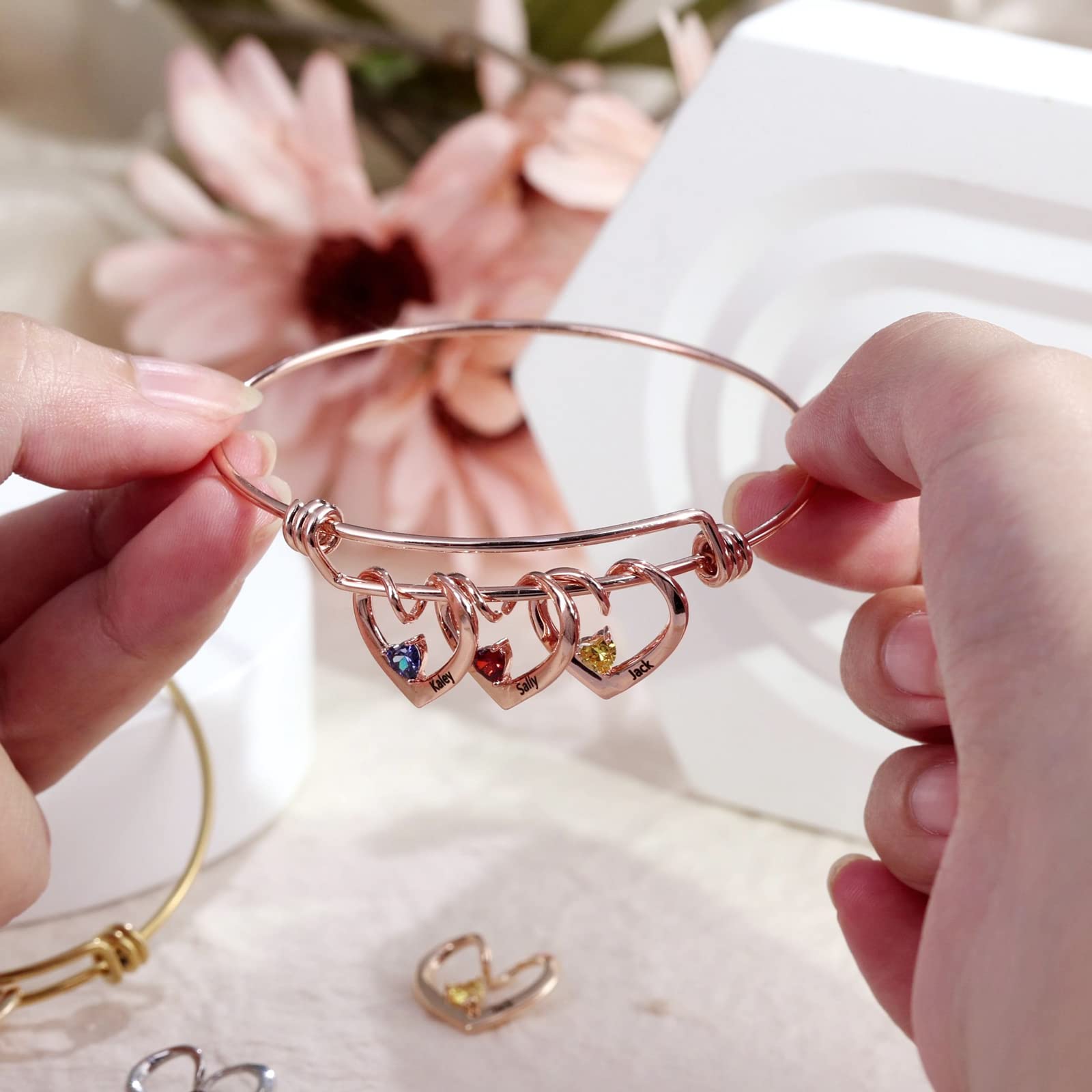 Personalized Name Bracelets for Women - Custom Engraved Bangle with 2-3 Heart Charms & Simulated Birthstones | Perfect Gift for Anniversary, Birthday, Mother's Day & Everyday Wear