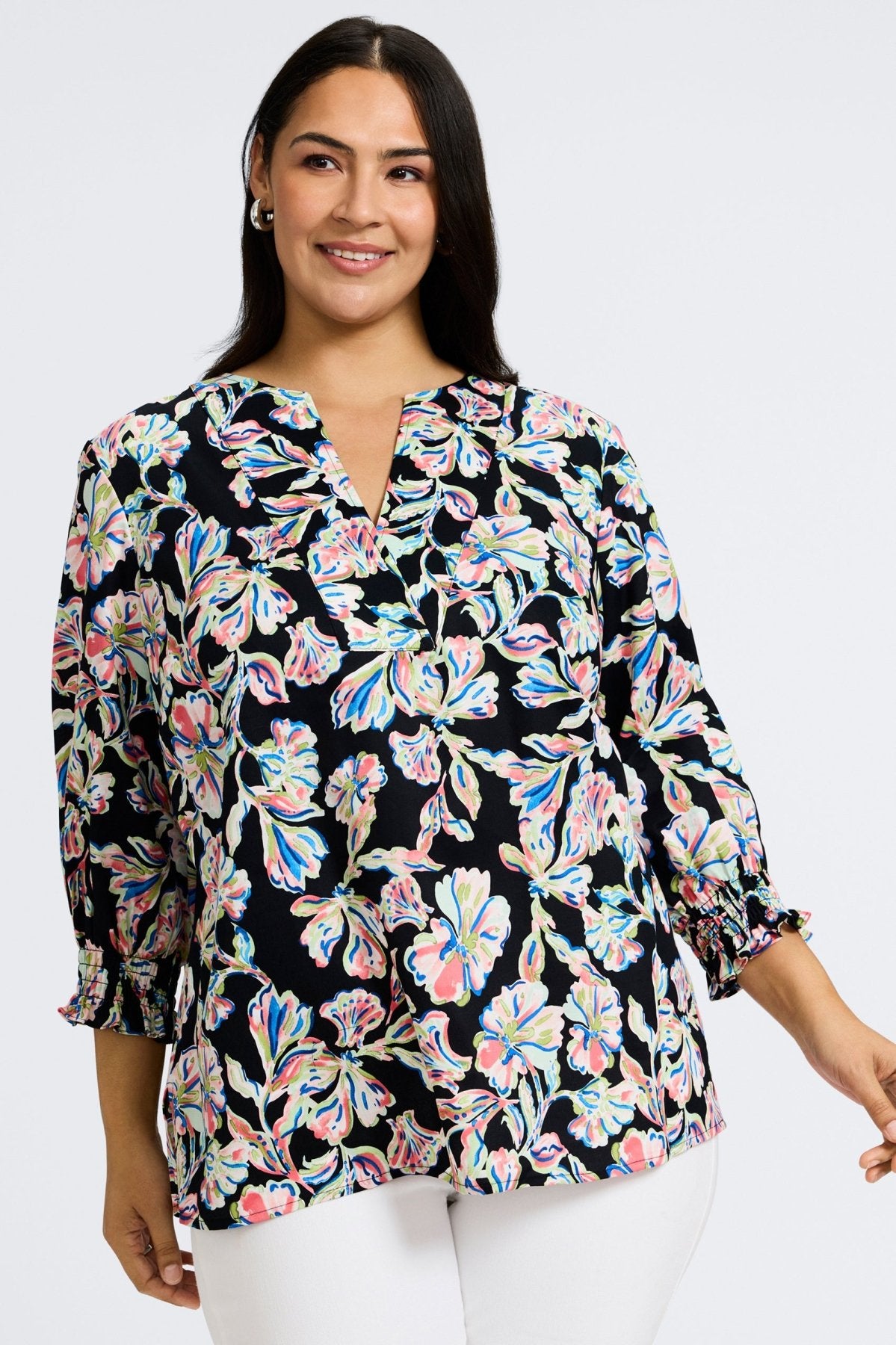 Alicia Plus Night Blossoms 3/4 Sleeve Popover Shirt - Floral Print Women's Blouse for Casual Wear, Office & Date Night Outfits