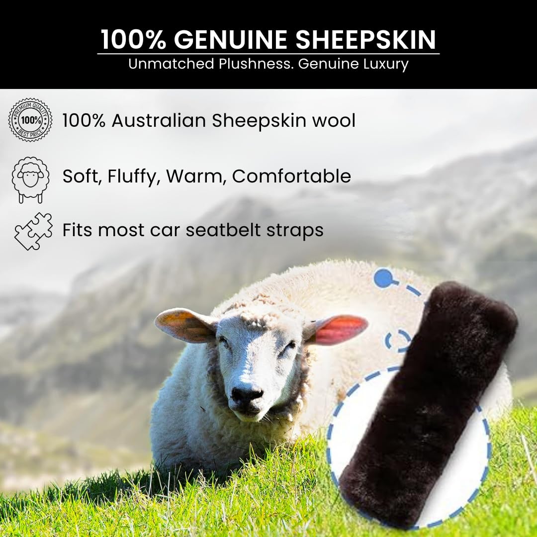 Authentic Australian Merino Sheepskin Seat Belt Covers (2-Pack) - Ultra Soft Hypoallergenic Neck Protector for Cars, SUVs & Travel Backpacks - Natural Brown Merino Wool Comfort for Long Drives & Road Trips