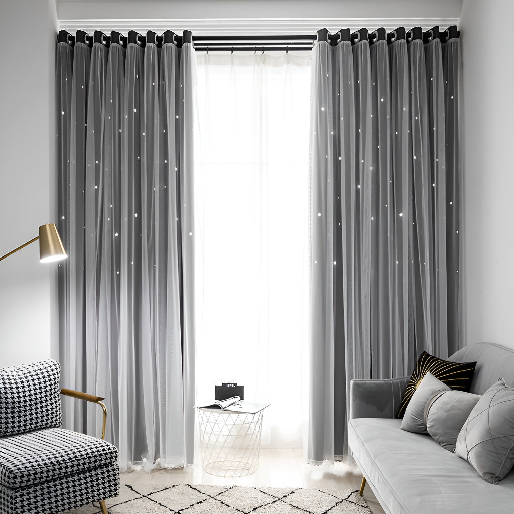 Premium Iliana Two-Layer Hollow Star Blackout Curtains for Bedroom & Nursery - Custom Room Darkening Window Treatments for Better Sleep & Light Control