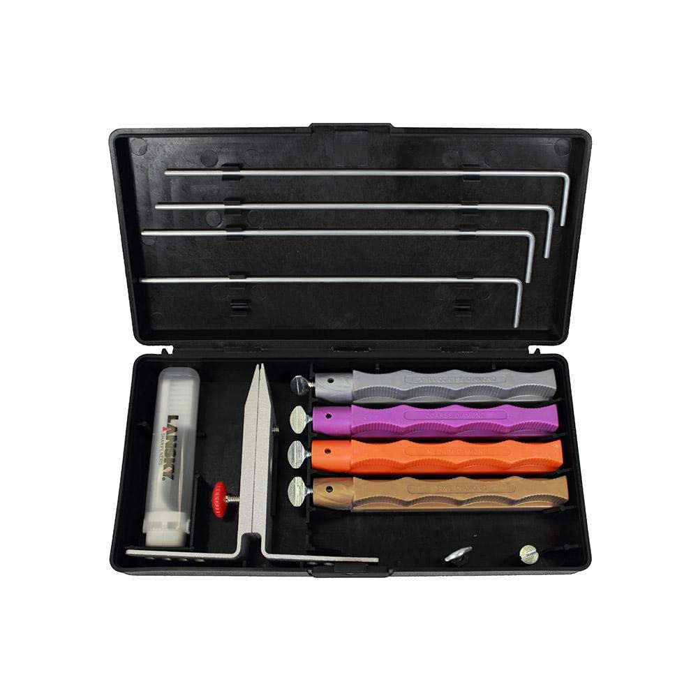 Lansky Diamond Sharpening System - Deluxe 4-Stone Diamond Knife Sharpener Kit with Cleaning Brush | Professional Knife Sharpening Tool for Kitchen, Hunting & Outdoor Use | LKDMD