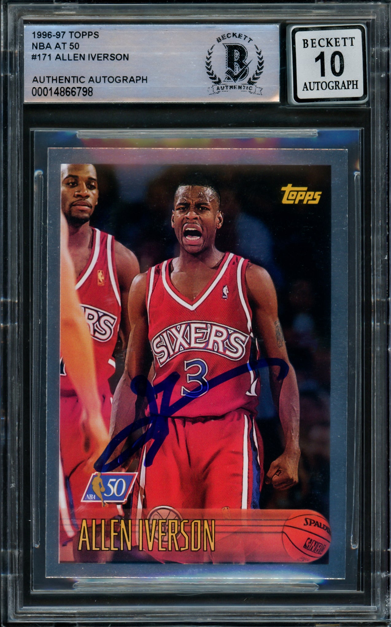 Allen Iverson Autographed 1996-97 Topps NBA at 50 Rookie Card #171 - Philadelphia 76ers Auto Beckett Gem Mint 10 BAS #14866798 - Perfect for NBA Memorabilia Collectors and 76ers Fans Display
