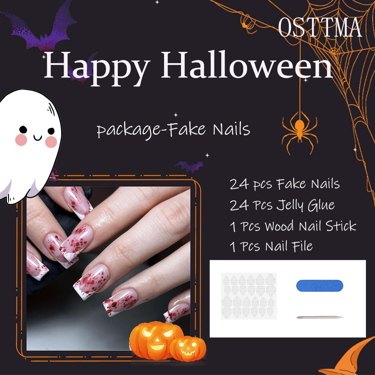 24pcs Horror Gothic Press on Nails - Short Square French Tip Fake Nails with Bleeding Acrylic Designs for Halloween | Full Cover Glue on Nails for Women | Perfect for Costume Parties, Cosplay & Spooky Events