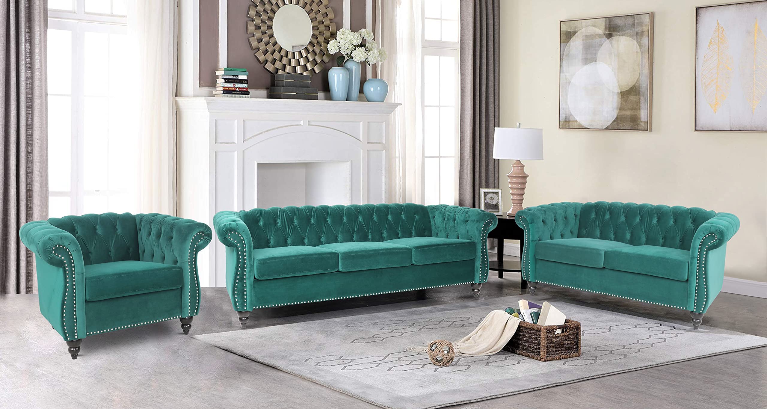 Modern 2-Piece Velvet Chesterfield Sofa Set - Tufted Button 3-Seater Couch & Loveseat with Nailhead Trim, Green - Perfect for Living Room, Lounge, Home Theater & Small Apartment Spaces