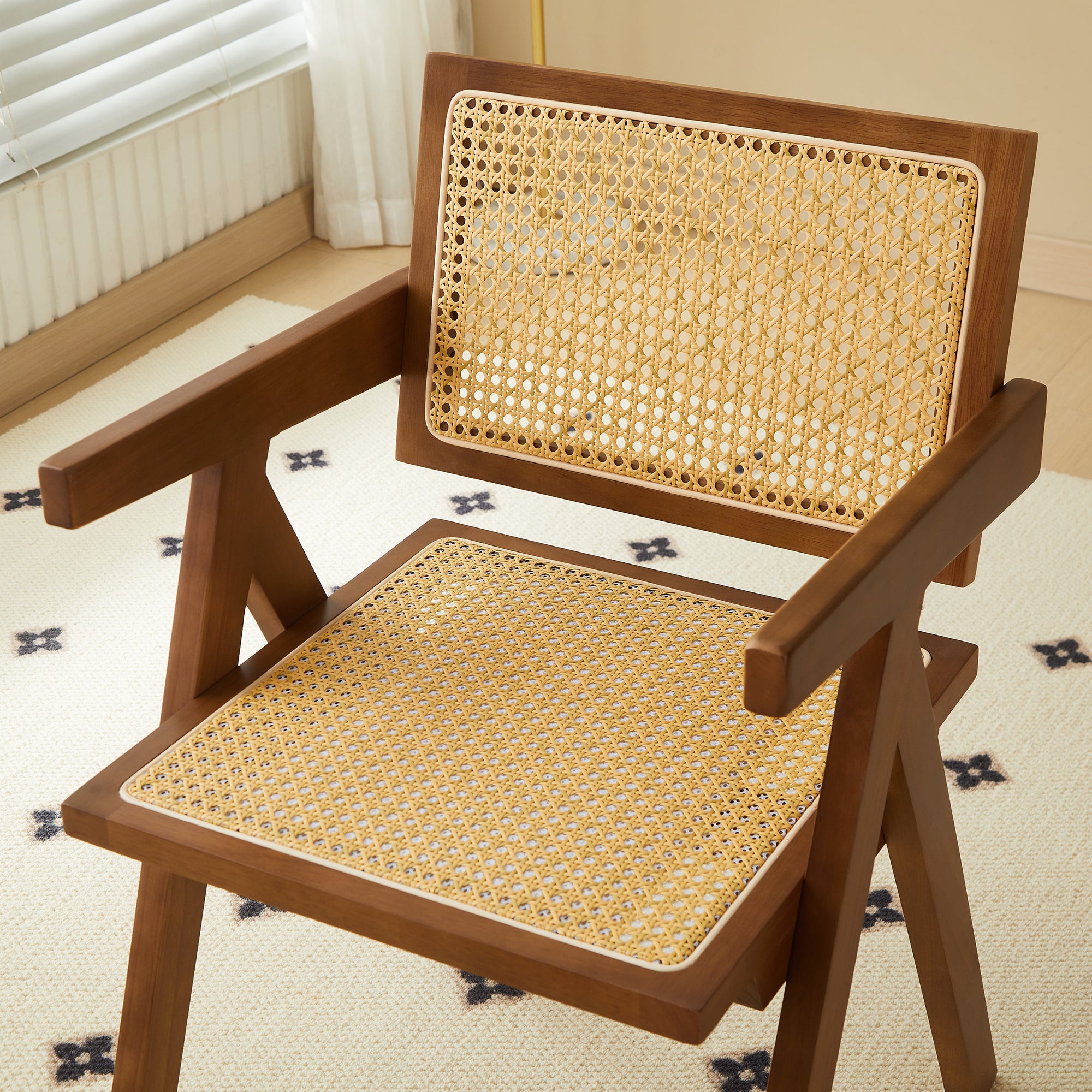 Solid Wood Dining Chairs with Armrests - Natural Rubber Wood & Rattan Woven Design for Kitchen, Dining Room, or Outdoor Patio