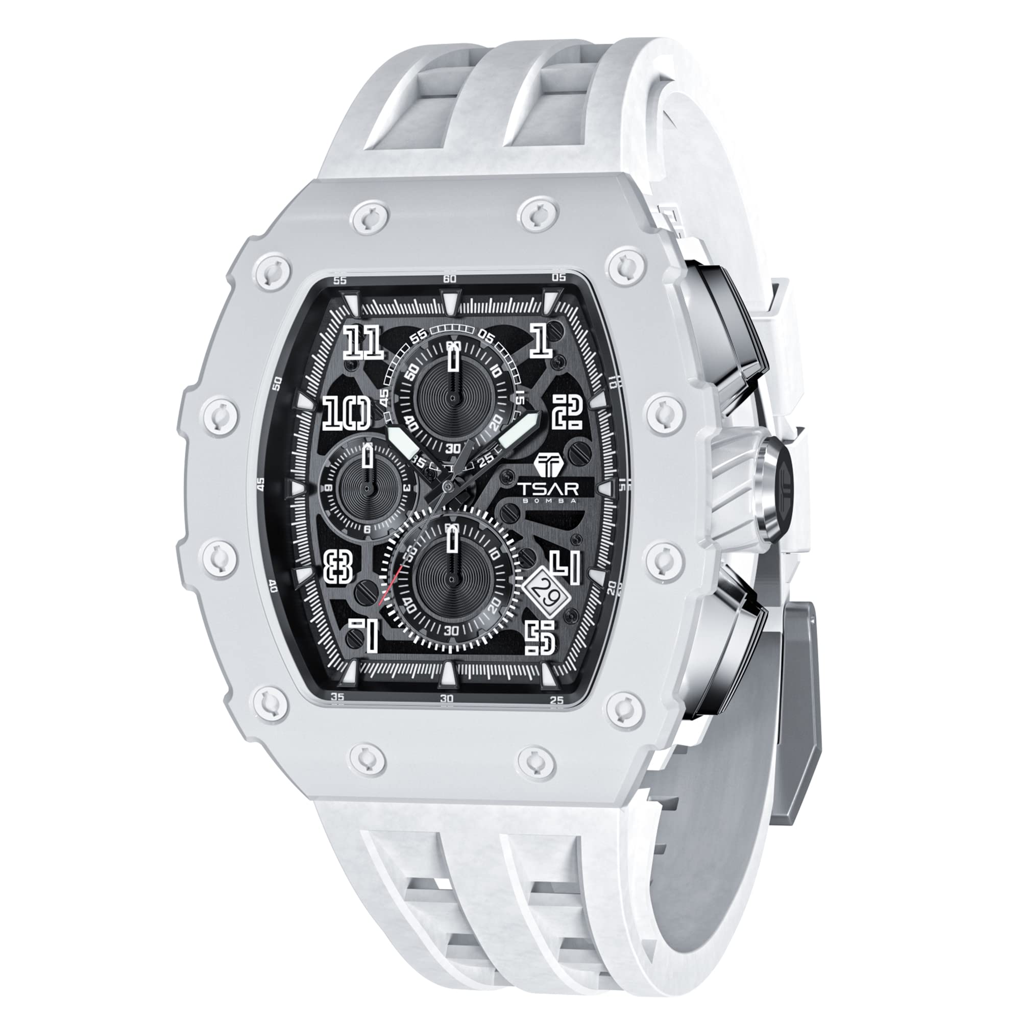 Luxury Men's TSAR BOMBA Tonneau Watch - Sapphire Crystal, Japanese Quartz Movement, Chronograph, Luminous Diver - 50M Water Resistant Rubber Strap - Classic Design for Business, Formal & Casual Wear - Perfect Gift for Men, Father's Day & Anniversary