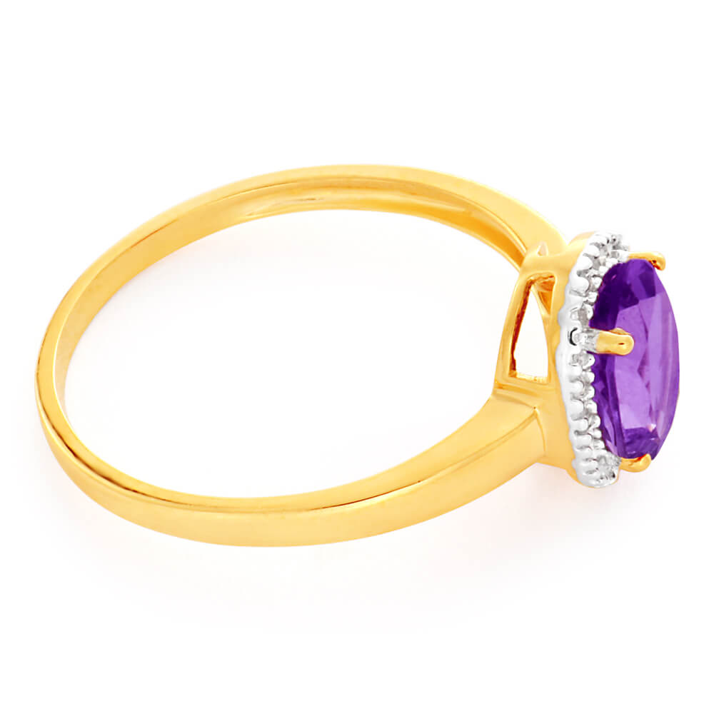 9ct Yellow Gold & White Gold Amethyst and Diamond Ring for Women - Elegant Birthstone Jewelry Gift for Anniversary, Engagement & Special Occasions