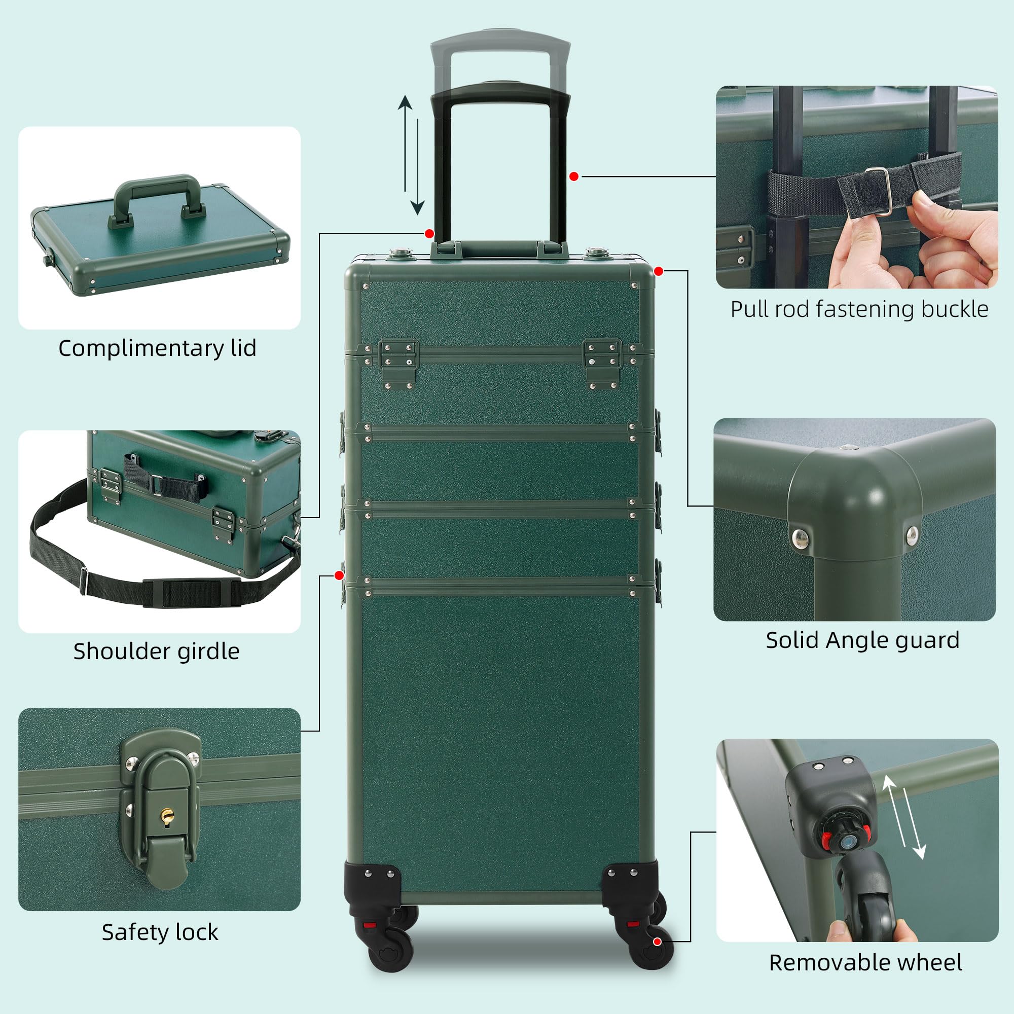 Professional Rolling Makeup Train Case with Lid - 5-in-1 Portable Cosmetology Organizer on Wheels for Salon, Barber & Travel | Large Cosmetic Storage Case | Perfect Christmas Gift for Makeup Artists (Green) | Ideal for Mobile Stylists, Salon Professionals & Beauty Enthusiasts