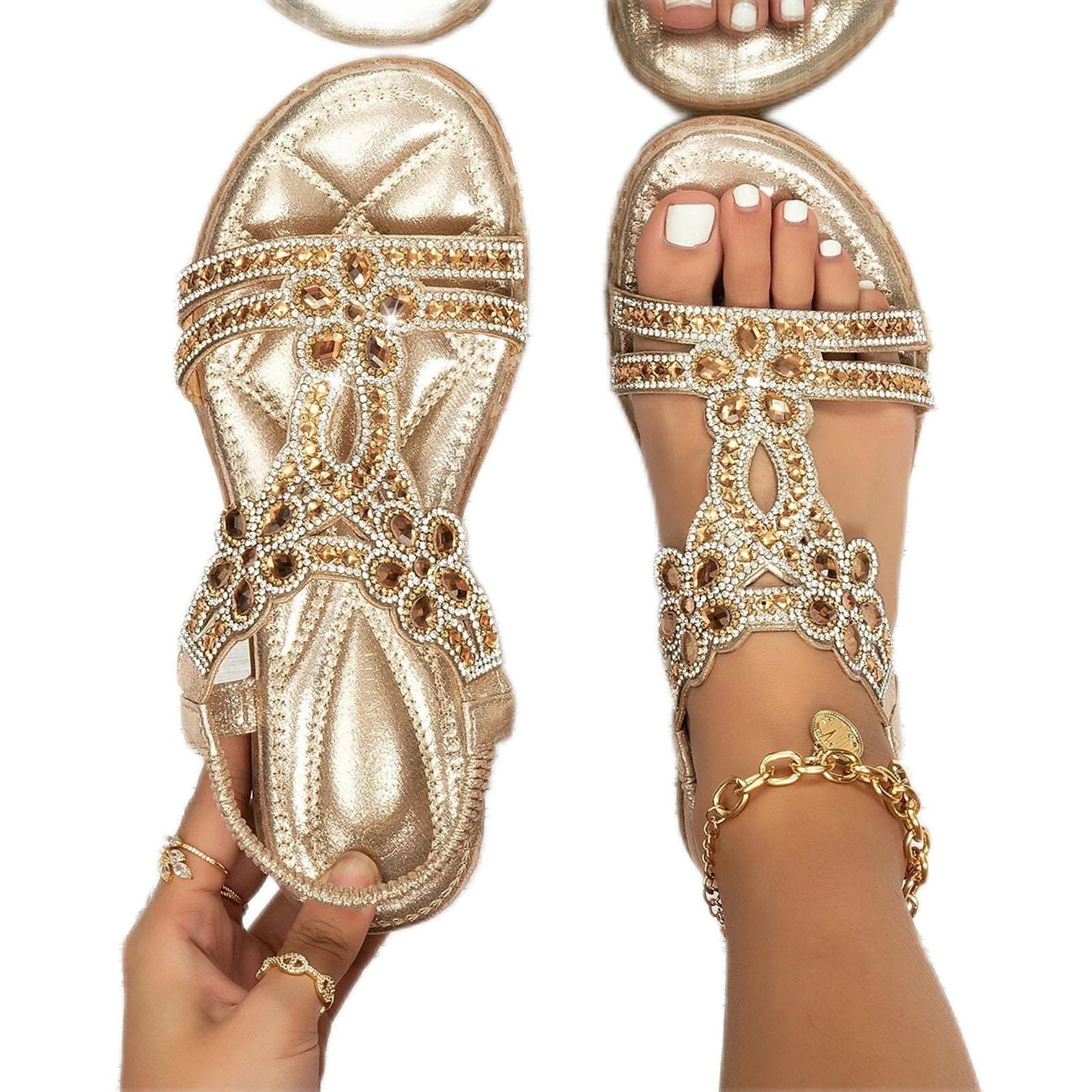 Elegant Women's Bohemian Rhinestone Beaded Flower T-Strap Sandals - Comfortable Summer Flat Shoes for Beach, Wedding & Casual Outings | Fashionable Low Heel Dressy Sandals with Crystal Details