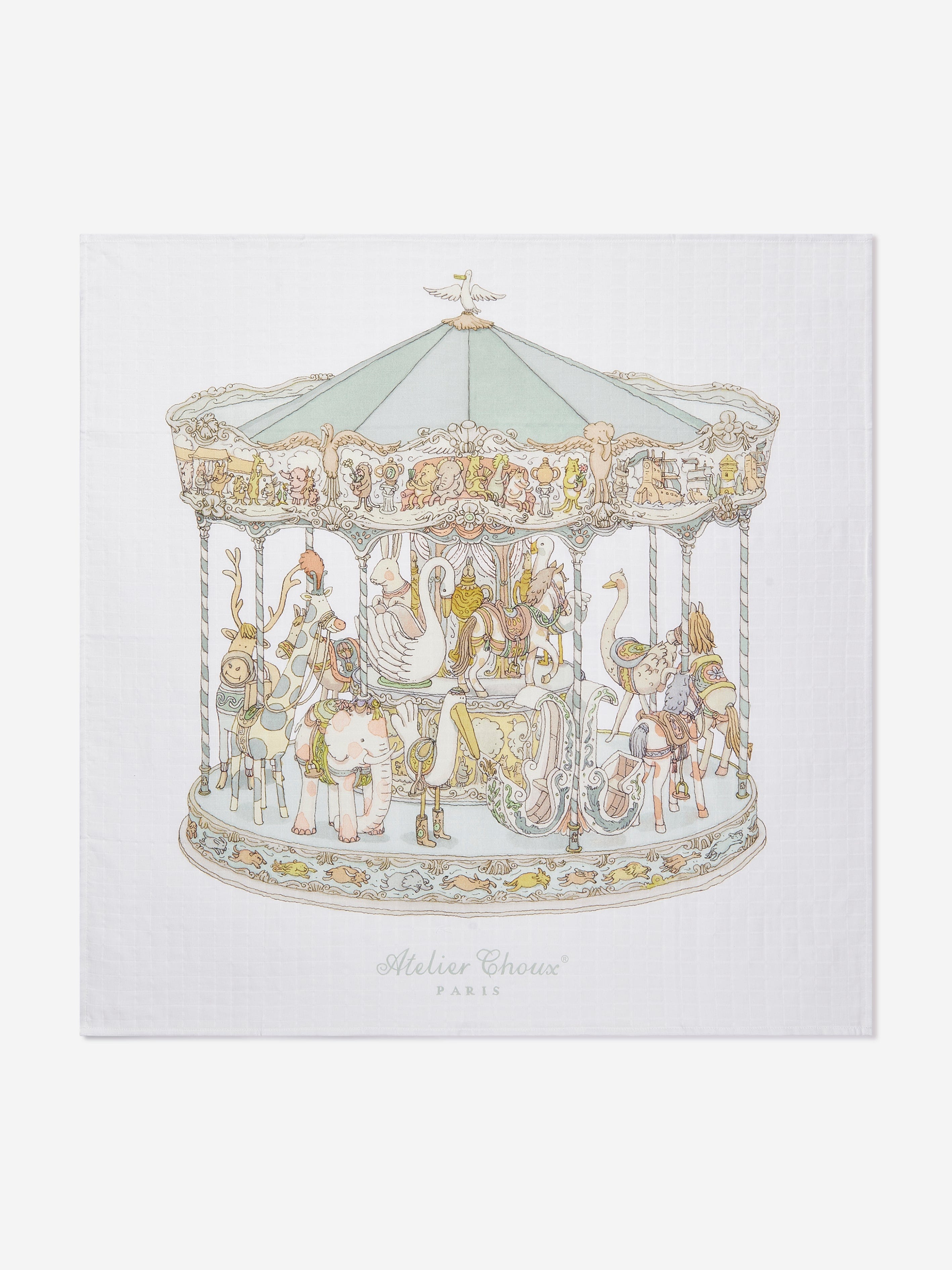 Atelier Choux Baby Carousel Swaddle Blanket - 100cm White Organic Cotton Muslin Wrap for Newborns | Perfect for Nursery, Photography & Gift Giving