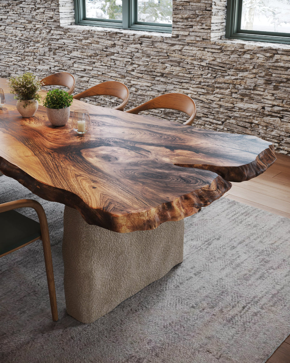 Luxury Solid Wood Walnut Dining Table with Stone-Inspired Legs - Wabi Sabi Style Modern Furniture for Living Room, Dining Room & Office
