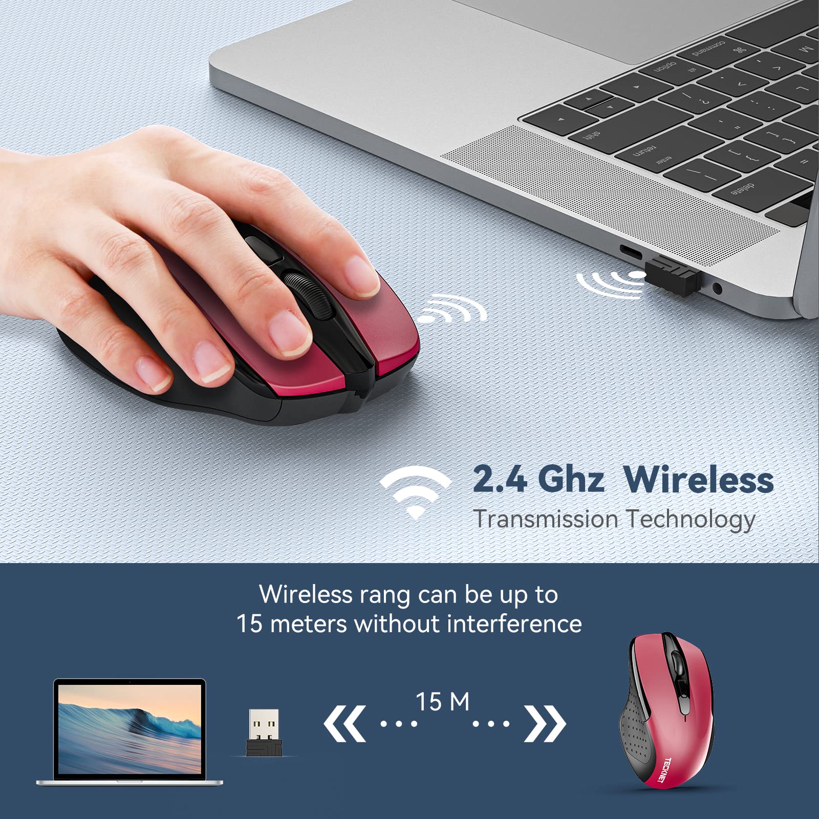 TECKNET Wireless Mouse - 2.4G Ergonomic Optical Mouse with 2600 DPI for Laptop & PC, USB Receiver Included | Perfect for Office Work, Gaming & Home Use