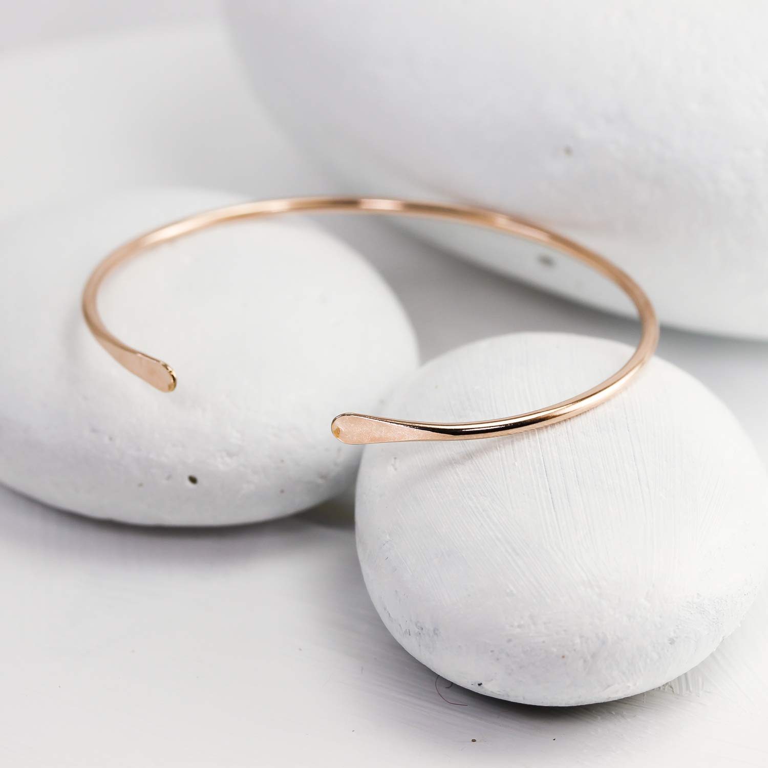 14K Rose Gold Filled Hammered Cuff Bracelet - Skinny Bangle for Women - Lotus Stone Jewelry - Medium Size - Perfect for Everyday Wear, Office & Special Occasions