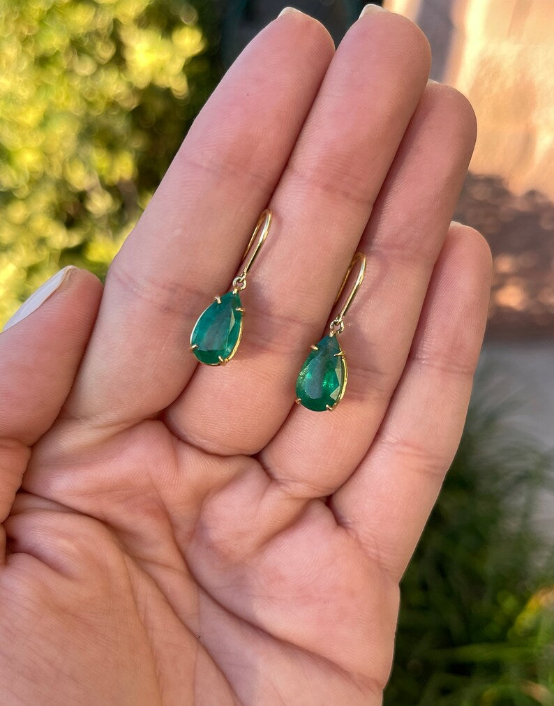 5.0tcw 18K Gold Natural Lush Dark Green Teardrop Emerald Dangle Hook Earrings for Women - Elegant Jewelry Gift for Wedding, Party & Special Occasions