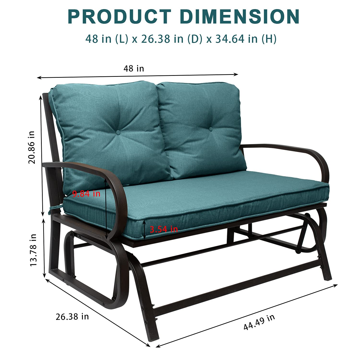 Patio Glider Swing Bench Loveseat - 2-Person Outdoor Metal Rocking Chair with Steel Frame & Thickened Cushions (Peacock Blue) - Perfect for Backyard, Garden, Deck Relaxation